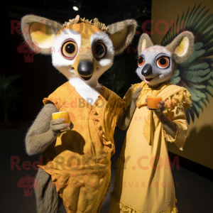 Gold Aye-Aye mascot costume character dressed with a Cocktail Dress and Wraps