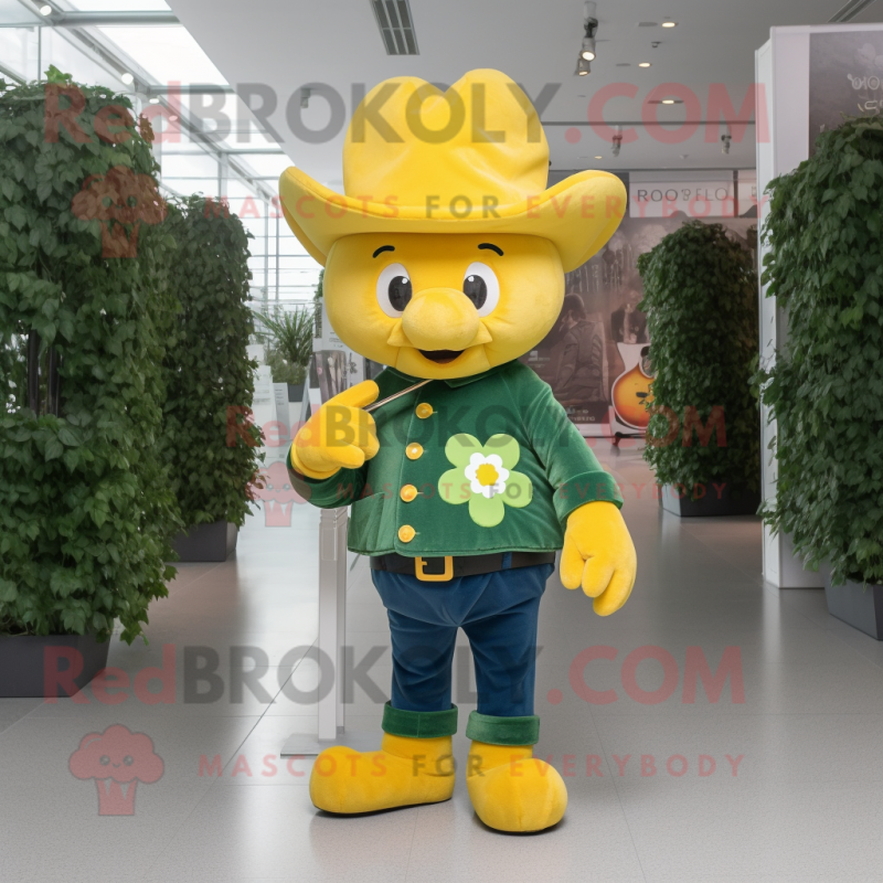 Yellow Four Leaf Clover mascot costume character dressed with a Bootcut Jeans and Berets