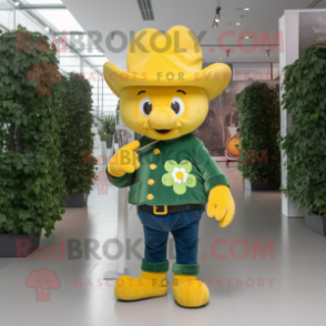Yellow Four Leaf Clover mascot costume character dressed with a Bootcut Jeans and Berets