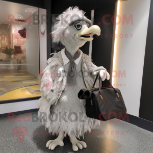 Silver Ostrich mascot costume character dressed with a A-Line Skirt and Messenger bags