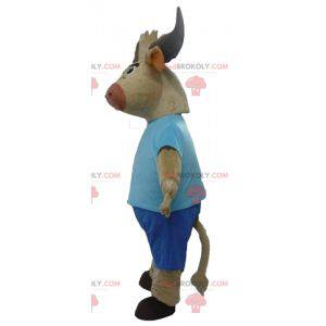 Mascotte de buffle de taureau marron habillé en bleu -