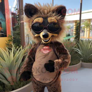 Brown Hyena mascot costume character dressed with a Long Sleeve Tee and Sunglasses