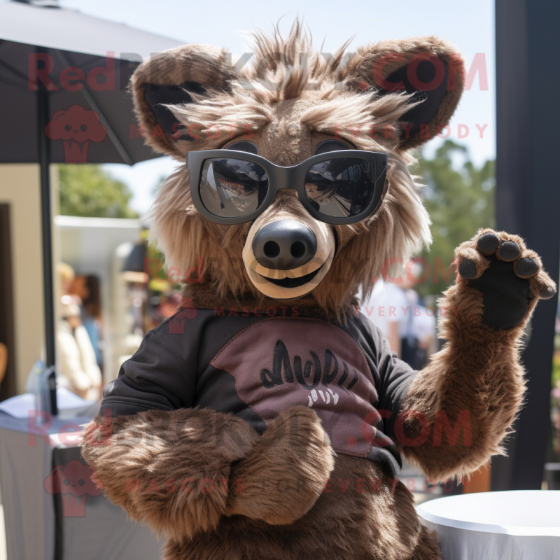 Brown Hyena mascot costume character dressed with a Long Sleeve Tee and Sunglasses