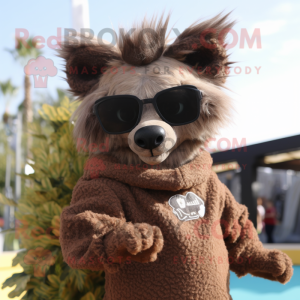 Brown Hyena mascot costume character dressed with a Long Sleeve Tee and Sunglasses