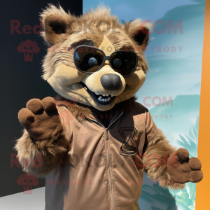 Brown Hyena mascot costume character dressed with a Long Sleeve Tee and Sunglasses