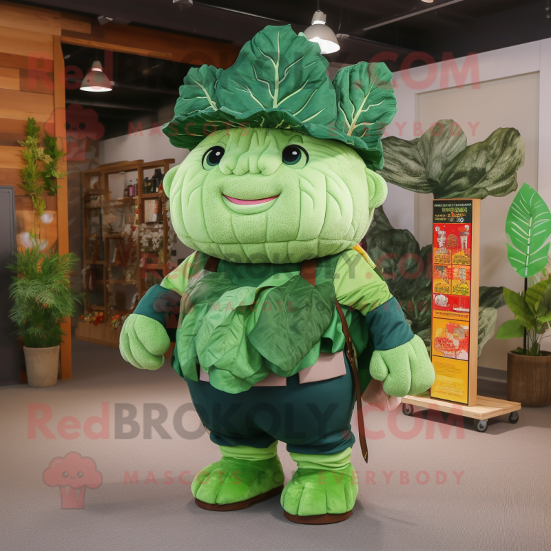 Forest Green Cabbage Leaf mascot costume character dressed with a Denim Shorts and Suspenders