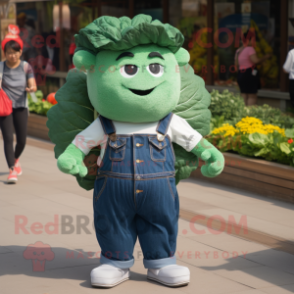 Forest Green Cabbage Leaf mascot costume character dressed with a Denim Shorts and Suspenders