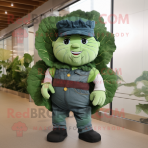 Forest Green Cabbage Leaf mascot costume character dressed with a Denim Shorts and Suspenders