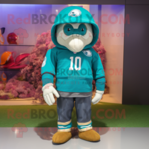 Turquoise American Football Helmet mascot costume character dressed with a Hoodie and Hats