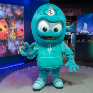 Turquoise American Football Helmet mascot costume character dressed with a Hoodie and Hats