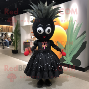 Black Pineapple mascot costume character dressed with a Cocktail Dress and Shoe laces