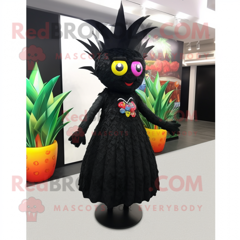 Black Pineapple mascot costume character dressed with a Cocktail Dress and Shoe laces Black Pineapple mascot costume character dressed with a Cocktail Dress and Shoe laces