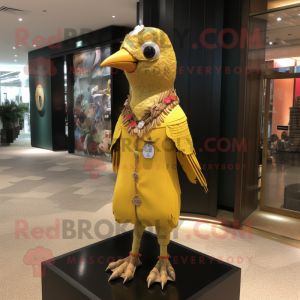 Gold Woodpecker mascot costume character dressed with a Shift Dress and Keychains