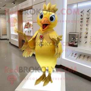 Gold Woodpecker mascot costume character dressed with a Shift Dress and Keychains