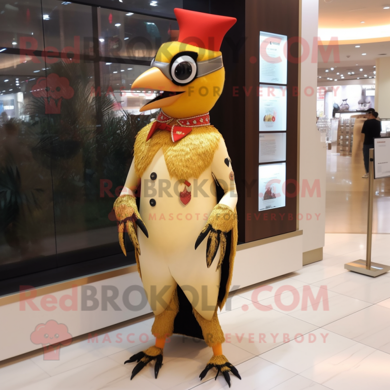 Gold Woodpecker mascot costume character dressed with a Shift Dress and Keychains