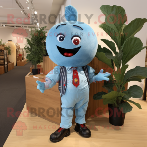 Cyan Cherry mascot costume character dressed with a Chambray Shirt and Tie pins