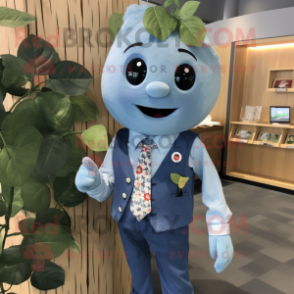 Cyan Cherry mascot costume character dressed with a Chambray Shirt and Tie pins