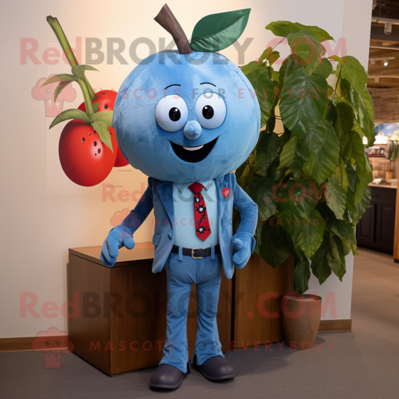 Cyan Cherry mascot costume character dressed with a Chambray Shirt and Tie pins