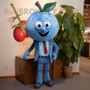 Cyan Cherry mascot costume character dressed with a Chambray Shirt and Tie pins