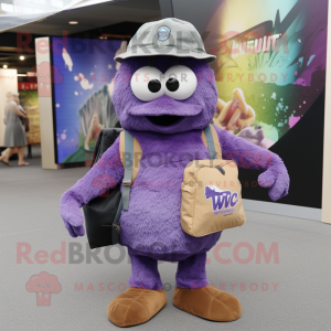 Purple Kiwi mascot costume character dressed with a Jeans and Messenger bags