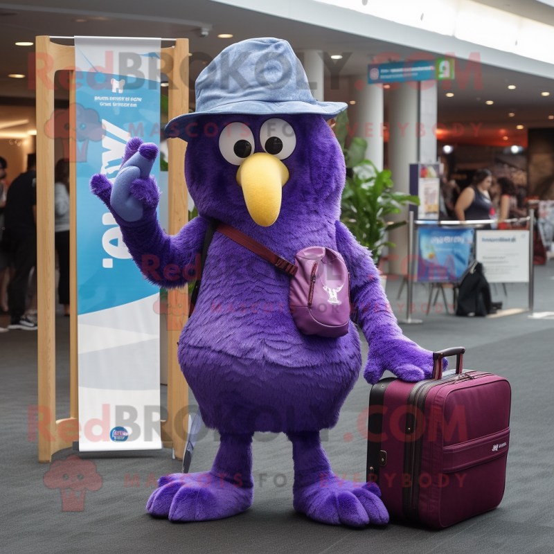 Purple Kiwi mascot costume character dressed with a Jeans and Messenger bags