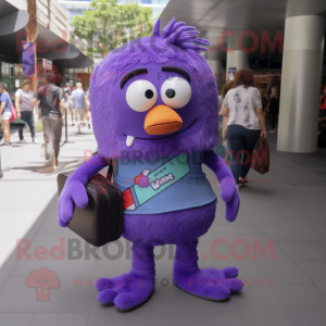 Purple Kiwi mascot costume character dressed with a Jeans and Messenger bags