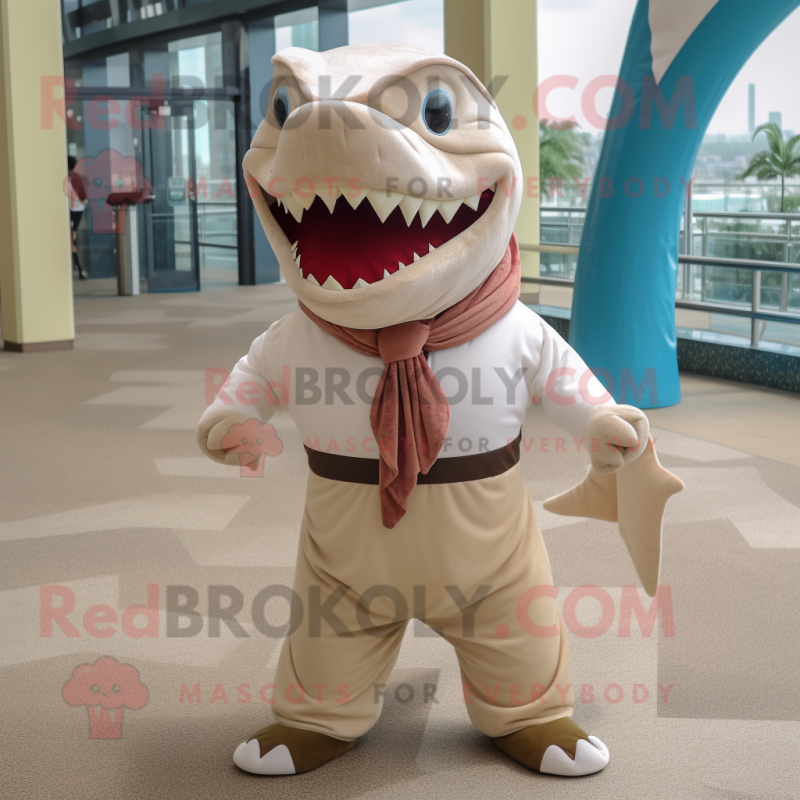 Cream Shark mascot costume character dressed with a Dress Shirt and Scarves