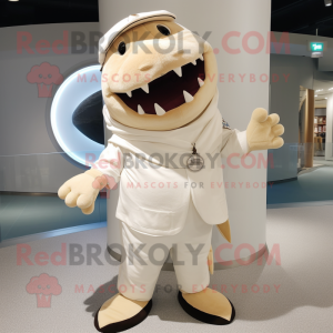 Cream Shark mascot costume character dressed with a Dress Shirt and Scarves