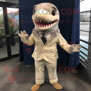 Cream Shark mascot costume character dressed with a Dress Shirt and Scarves