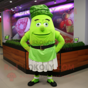 Lime Green Corned Beef And Cabbage mascot costume character dressed with a Wrap Skirt and Bracelet watches