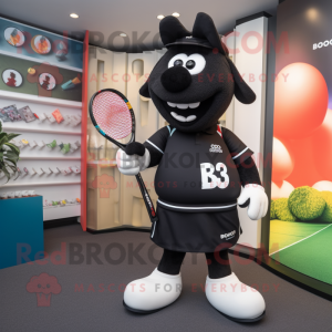 Black Tennis Racket mascot costume character dressed with a Rugby Shirt and Headbands