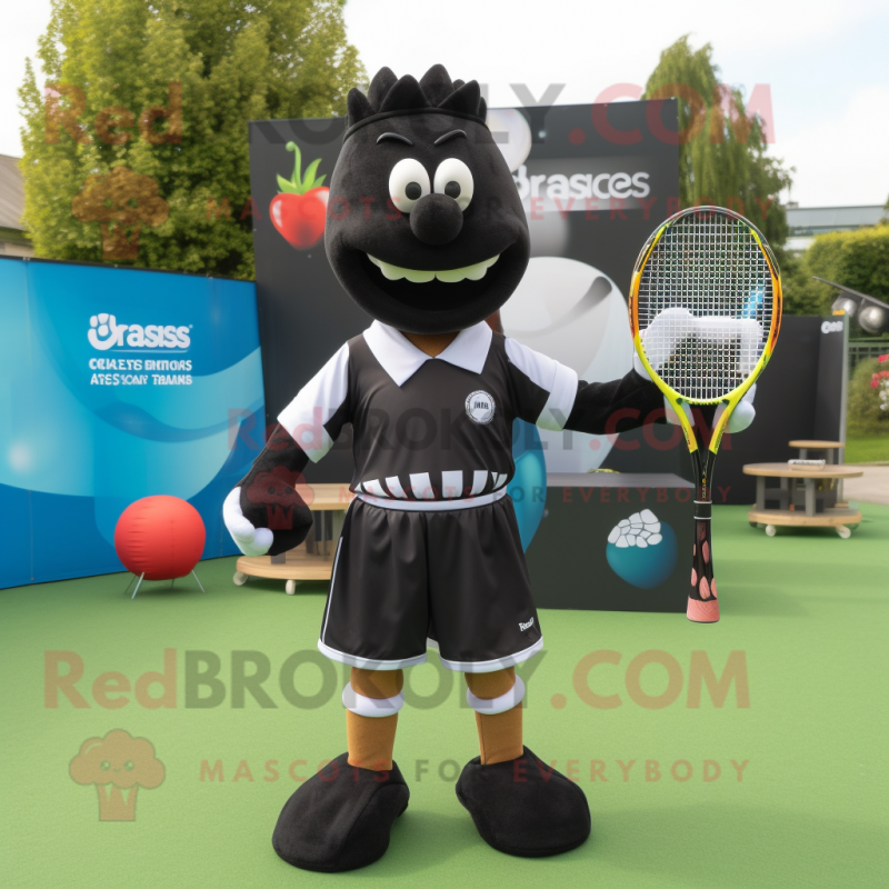 Black Tennis Racket mascot costume character dressed with a Rugby Shirt and Headbands Black Tennis Racket mascot costume character dressed with a Rugby Shirt and Headbands