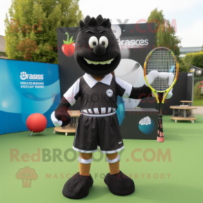 Black Tennis Racket mascot costume character dressed with a Rugby Shirt and Headbands