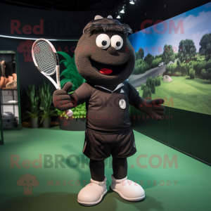 Black Tennis Racket mascot costume character dressed with a Rugby Shirt and Headbands