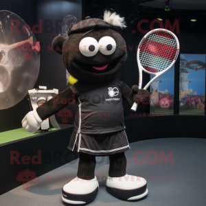 Black Tennis Racket mascot costume character dressed with a Rugby Shirt and Headbands