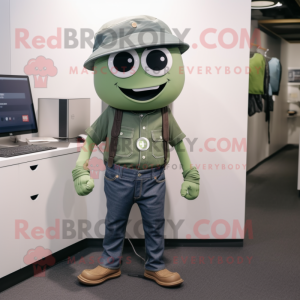 Olive Computer mascot costume character dressed with a Jeans and Hats