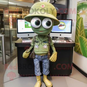 Olive Computer mascot costume character dressed with a Jeans and Hats
