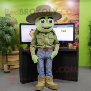 Olive Computer mascot costume character dressed with a Jeans and Hats