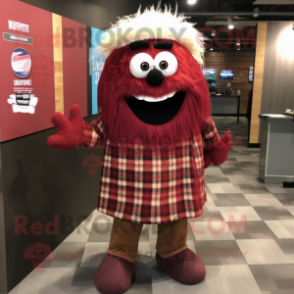 Maroon Spaghetti mascot costume character dressed with a Flannel Shirt and Hairpins