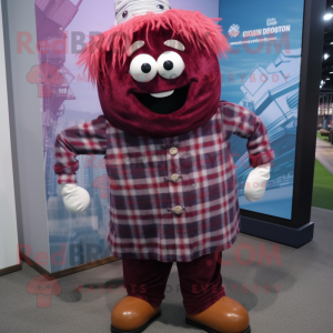 Maroon Spaghetti mascot costume character dressed with a Flannel Shirt and Hairpins