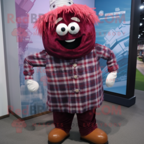 Maroon Spaghetti mascot costume character dressed with a Flannel Shirt and Hairpins