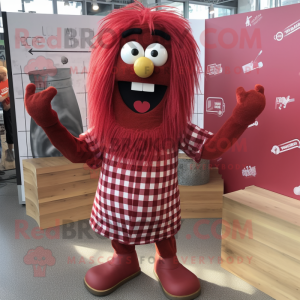 Maroon Spaghetti mascot costume character dressed with a Flannel Shirt and Hairpins