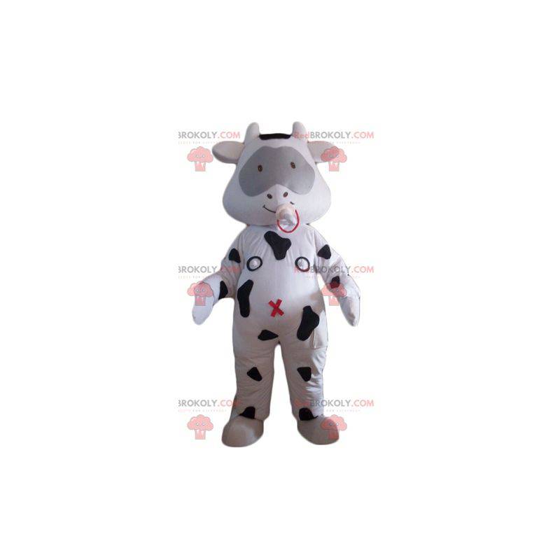 Mascot vaca blanca y negra con un chupete - Redbrokoly.com