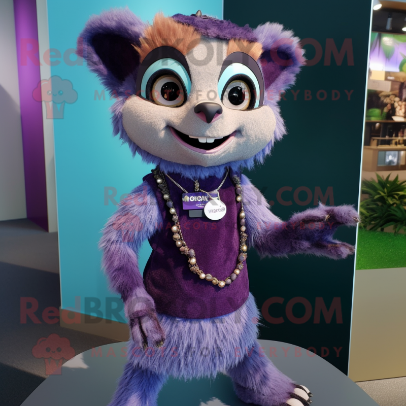 Purple Lemur mascot costume character dressed with a Mini Skirt and Bracelets Purple Lemur mascot costume character dressed with a Mini Skirt and Bracelets