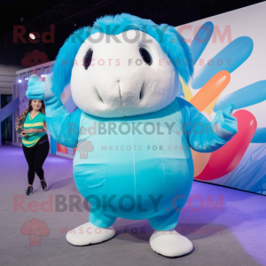 Cyan Guinea Pig mascot costume character dressed with a Bikini and Mittens