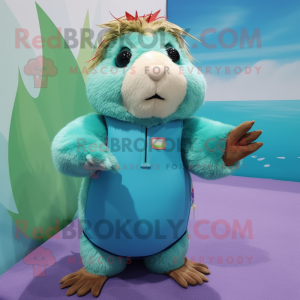 Cyan Guinea Pig mascot costume character dressed with a Bikini and Mittens