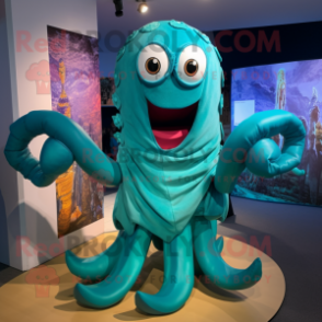 Turquoise Kraken mascot costume character dressed with a Playsuit and Shawl pins