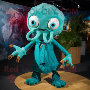 Turquoise Kraken mascot costume character dressed with a Playsuit and Shawl pins