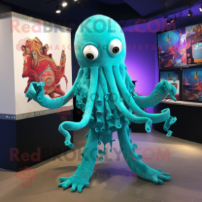 Turquoise Kraken mascot costume character dressed with a Playsuit and Shawl pins