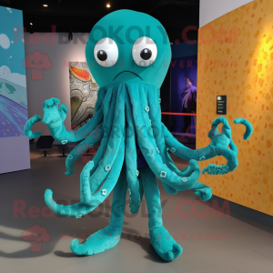 Turquoise Kraken mascot costume character dressed with a Playsuit and Shawl pins